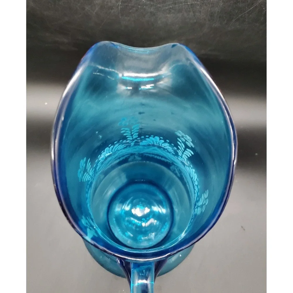 Antique Northwood Glass Hand Painted Enameled Blue Glass Tankard Pitcher 13